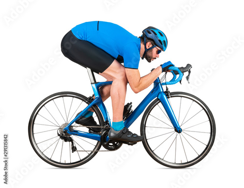 Fototapeta Naklejka Na Ścianę i Meble -  professional bicycle road racing cyclist racer  in blue sports jersey on light carbon race in aerodynamic downhill descent position sport training cycling concept isolated white background