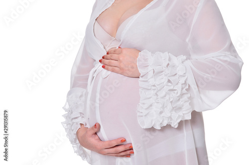 Beautiful pregnant woman posing isolated on white