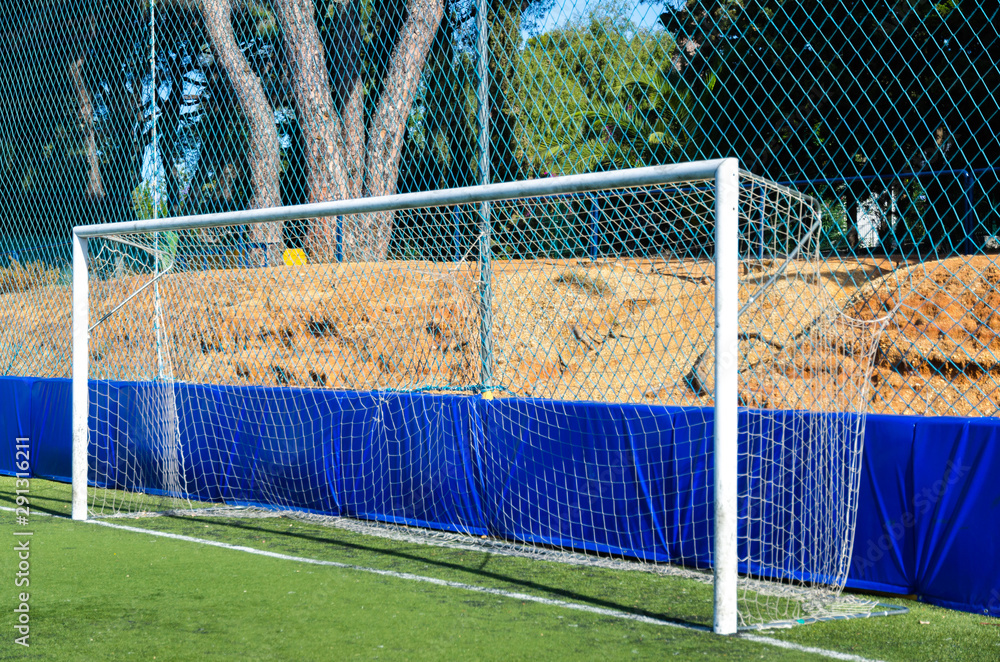 Fototapeta premium Goal post, Football soccer goal realistic sports equipment. Football goal at small football stadium in Marbella Andalucia Spain.