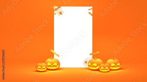 Scary halloween pumpkin with candle light inside. Flying Orange halloween pumpkins on purple, orange, and grey  background.Hholiday decoration. 3d render photo