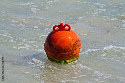 Round red buoy riding the sea waves