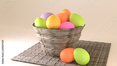 3D illustration of a rustic wicker basket with colored Easter eggs