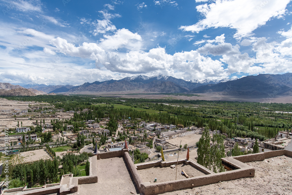 Landscape view of Leh Ladakh city in India, beautiful and famous place with Himalay snow mountain for travel.