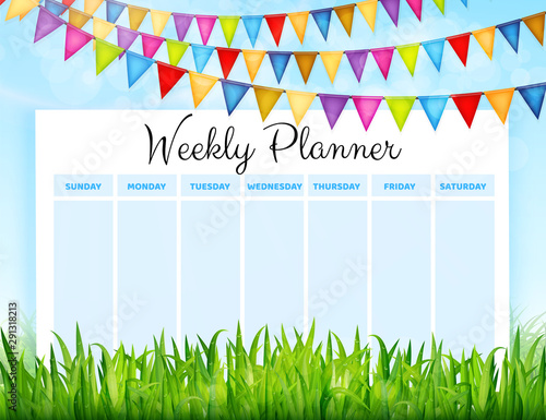 Weekly planner with colorful flags and green grass background. Vector illustration