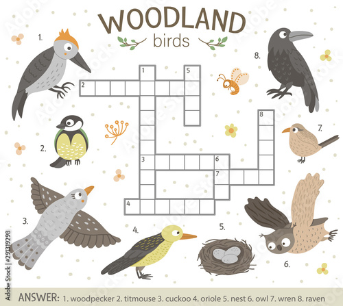 Vector crossword puzzle with forest birds. Bright and colorful quiz for children. Educational activity with woodpecker, owl, cuckoo, oriole, wren, raven..