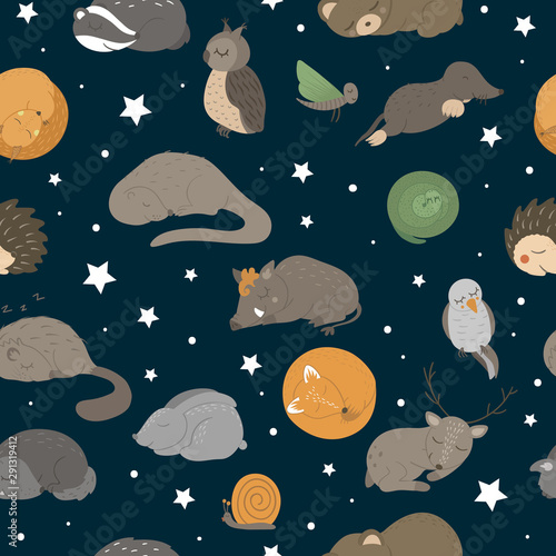 Vector seamless pattern with hand drawn flat funny sleeping animals on dark blue background with stars. Cute repeat texture with forest creatures. Sweet woodland ornament for children   s design  print.