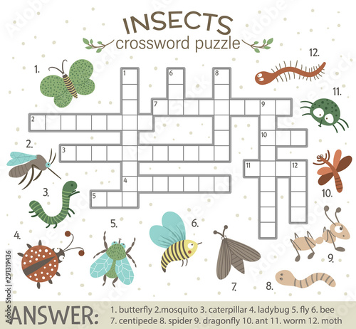 Vector crossword puzzle with forest insects. Bright and colorful quiz for children. Educational activity with ant, caterpillar, butterfly, dragonfly, Warm, Bee..