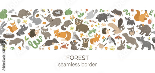 Vector seamless pattern brush with forest animals and elements on white background. Woodland border ornament. Hand drawn flat illustration for children’s design.