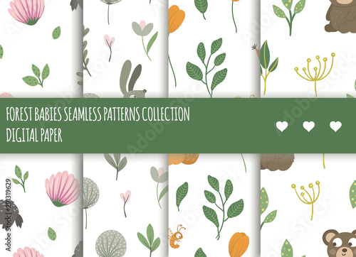 Vector set of seamless patterns with hand drawn flat funny baby animals. Forest themed repeating backgrounds for children’s design. Cute animalistic backdrop with little badger, hare, squirrel, bear..