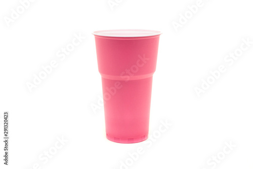  plastic pink cup on a white background