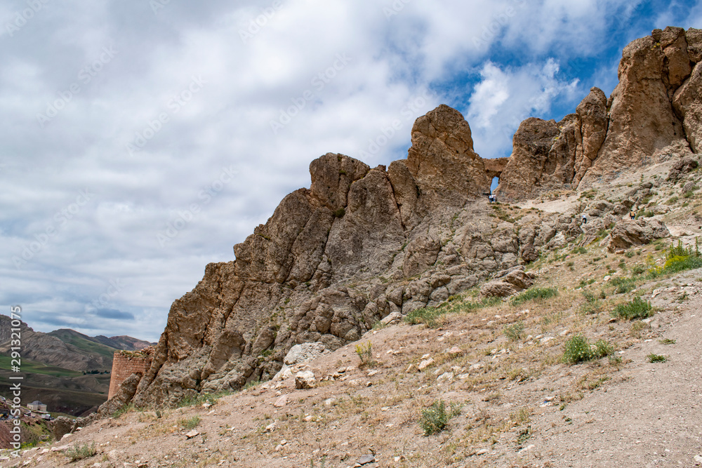 Dogubayazıt, Turkey, Middle East: panoramic and breathtaking view of the footpath up to the rocks beside the ancient castle of Old Beyazit, near the Ishak Pasha Palace and Eski Bayezid Cami mosque