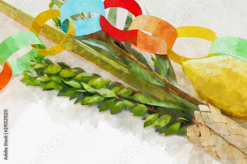 watercolor style and abstract image of Jewish festival of Sukkot. Traditional symbols (The four species): Etrog, lulav, hadas, arava photo