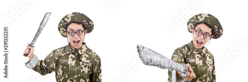 Funny soldier with knife on white