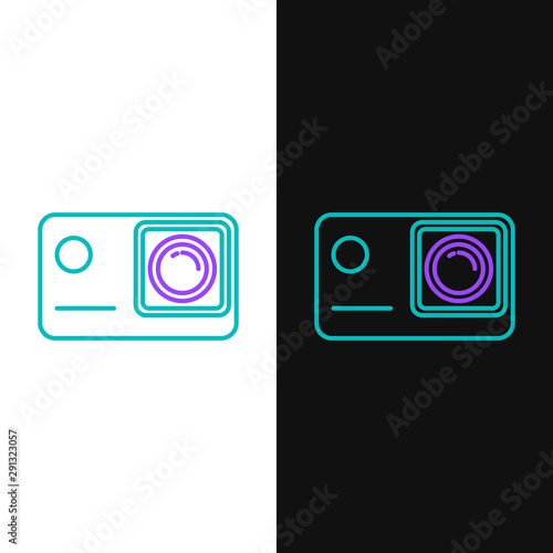 Green and purple line Action extreme camera icon isolated on white and black background. Video camera equipment for filming extreme sports. Vector Illustration