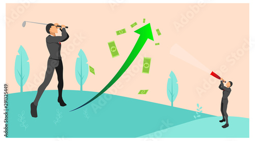 business people use golf clubs and binoculars. money spread up with the natural background.