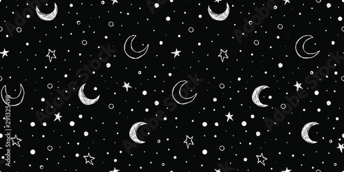 Doodle pattern with night sky Moon and stars seamless background Hand drawn illustration
