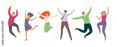Group of happy jumping people in flat style isolated on white background. Hand-drawn funny cartoon women and men.