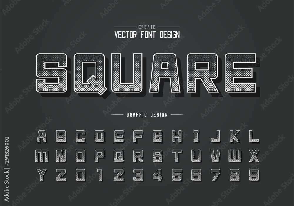 Halftone square font and alphabet vector, Digital square typeface letter and number design