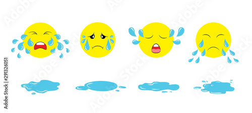 Set of cartoon crying emoji faces with tear drops and puddles. Weeping upset emoticons