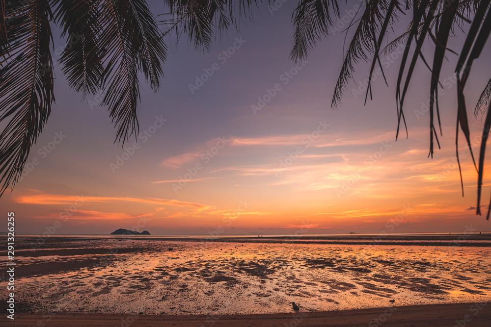 Fototapeta premium Low Tide Bottle Beach on Phangan Island Thailand Nature Seaside. Sunset over Asian Tropical Tourism Coastline, Jungle Trees Palms. Panoramic Photography Summer Seascape Ocean and Sky Clouds