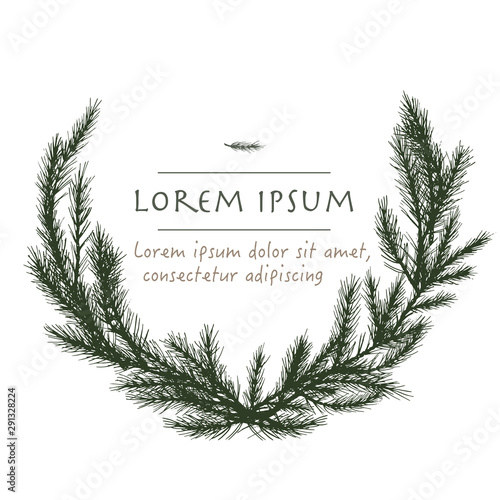 Vector christmas wreath with pine hand drawn circle background with tree for greeting cards