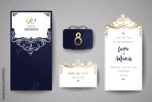 Wedding invitation or greeting card with gold floral ornament. Wedding invitation envelope for laser cutting. Vector illustration.