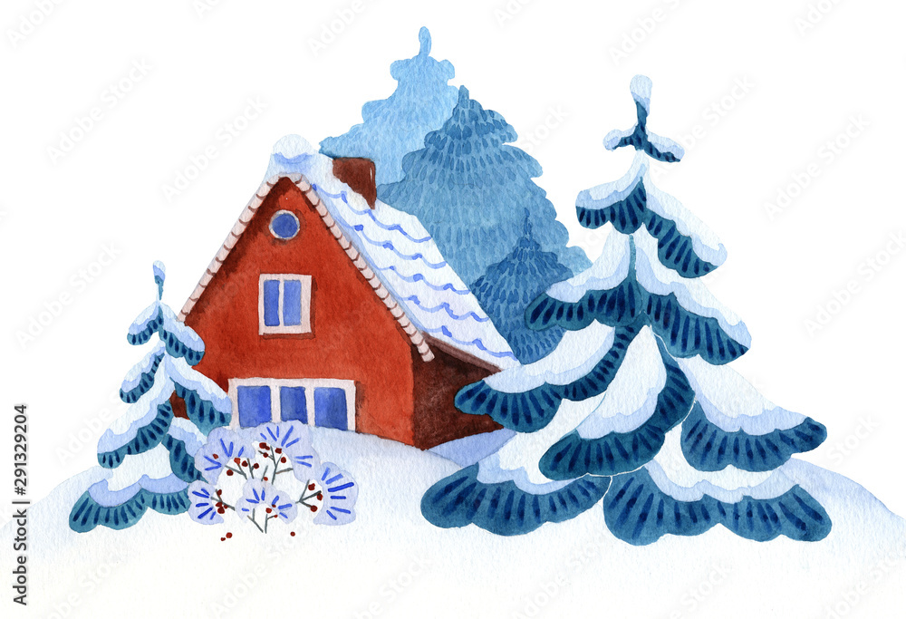 Picture of a country house in winter with snowbound trees hand drawn in watercolor isolated on a white background