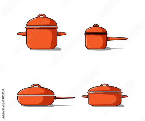 Set of copper utensils. Pan, stewpan, frying pan and baking dish in copper color, black outline. Vector illustration.