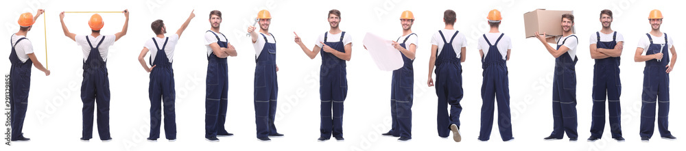 panoramic collage of skilled handyman isolated on white panoramic collage of skilled handyman isolated on white