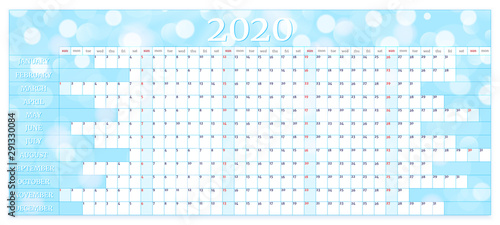 2020 annual calendar. Yearly planner template. Vector illustration
