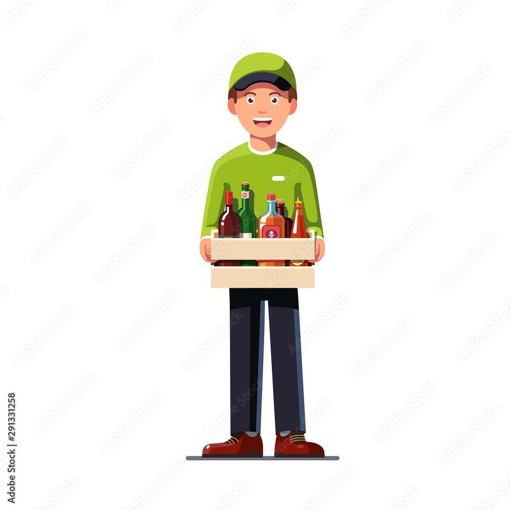 Delivery man holding crate with alcohol bottles Delivery man holding crate with alcohol bottles