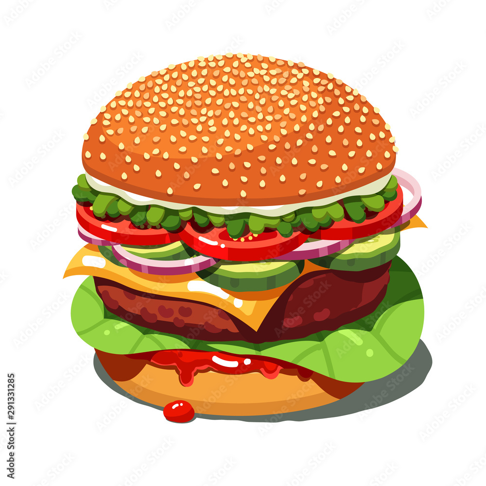 Classic American cheese burger with grilled meat cutlet, cheddar, tomatoes, sauce. Homemade hamburger Classic American cheese burger with grilled meat cutlet, cheddar, tomatoes, sauce. Homemade hamburger