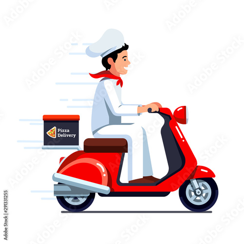 Delivery man delivering pizza on scooter motor