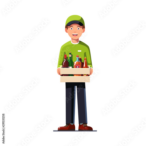 Delivery man holding crate with alcohol bottles