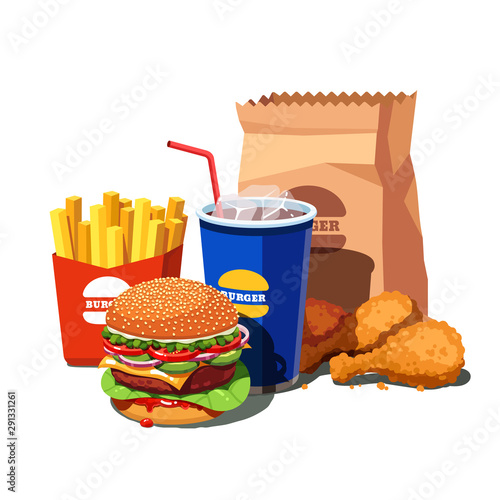 Fast food set with American burger and drink cup