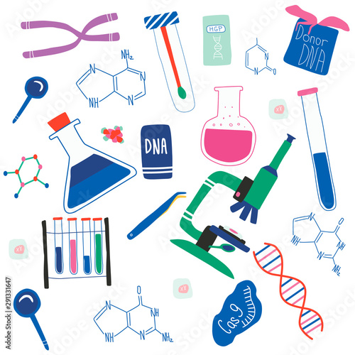 Genetic engineering and genome or gene sequencing set of isolated elements: helix DNA, donor DNA, microscope, chromosome, test tubes, cells, cas9 RNA, nucleotides, books. vector illustration 