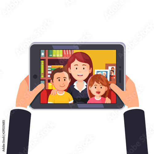 Online video call with mother and two kids