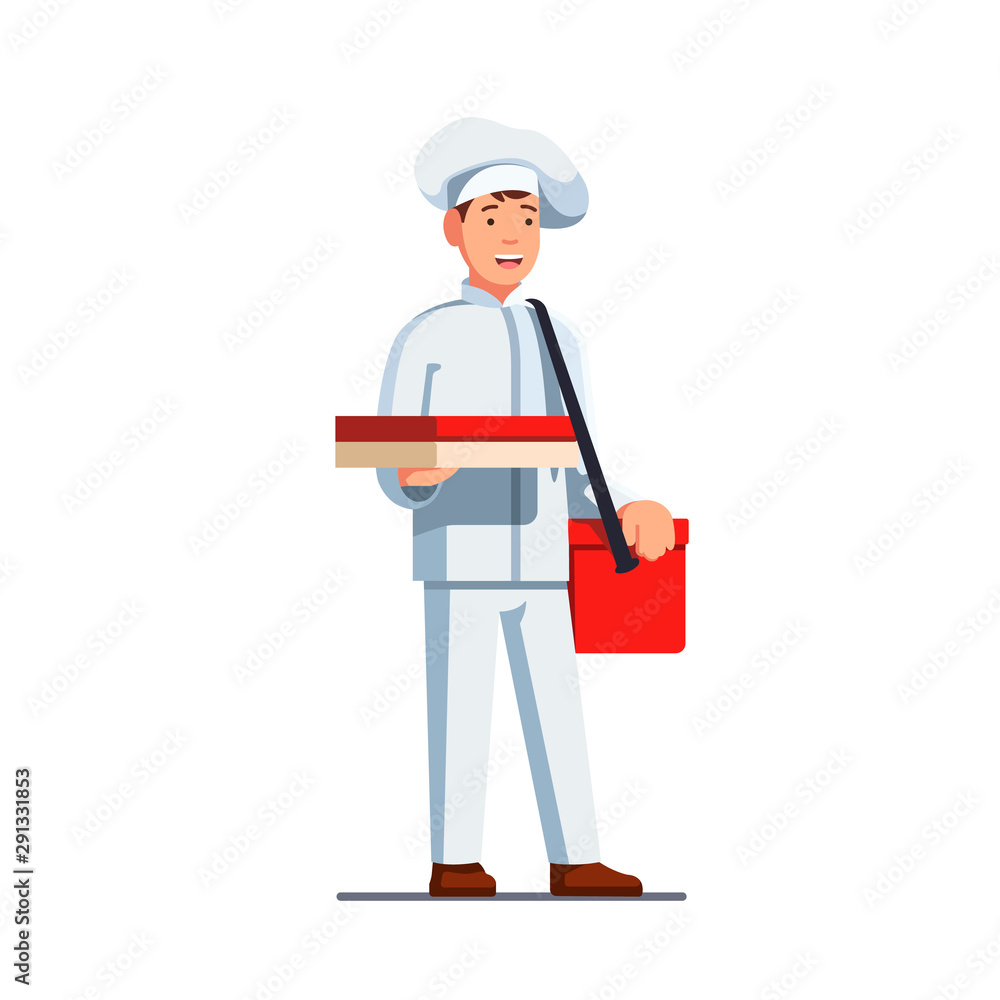 Delivery man in chef uniform holding pizza box Delivery man in chef uniform holding pizza box