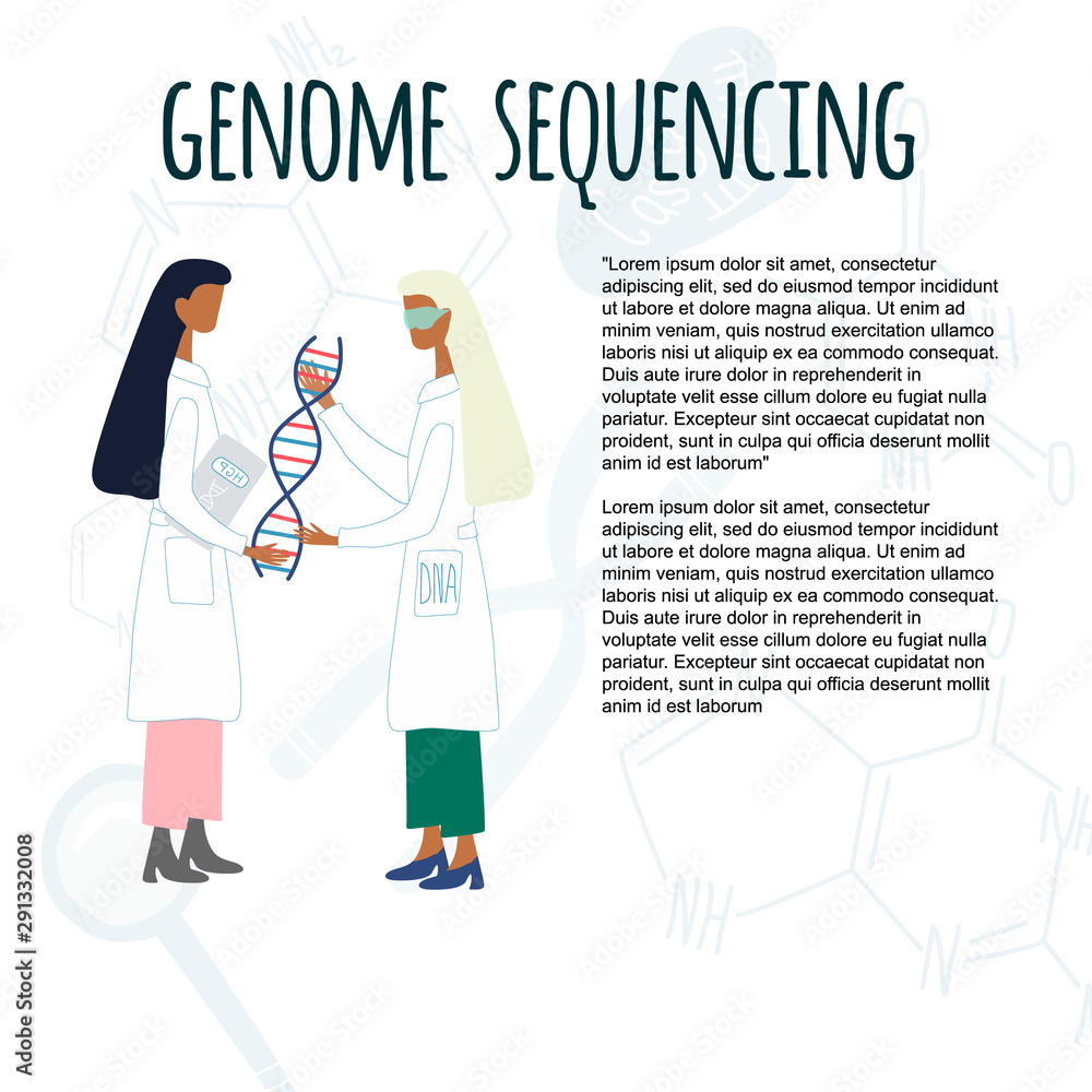 Scientists exploring DNA structure. Background with chromosomes, nucleotides, loupe. Genetic engineering and genome sequencing concept for article. Colorful doodle vector illustration. Scientists exploring DNA structure. Background with chromosomes, nucleotides, loupe. Genetic engineering and genome sequencing concept for article. Colorful doodle vector illustration.