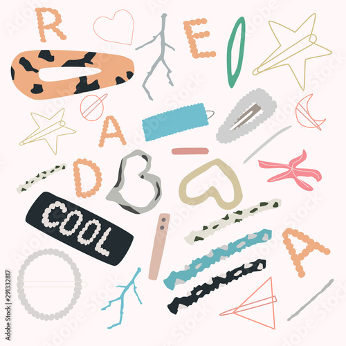 Set of trendy hair accessories. Stylish geometric hairpins and hair clips with pearls. Every element isolated. Vector illustration for beauty salon concept, print, banner, cards.