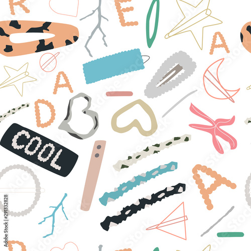 Seamless pattern of trendy hair accessories. Stylish geometric hairpins and hair clips with pearls. Every element isolated. Vector illustration for print, banner, cards, background, wallpaper.