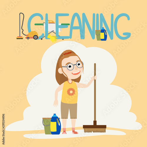 A cute girl washes the floor with a special brush, using different household chemicals. Children doing housework. Flat cartoon vector