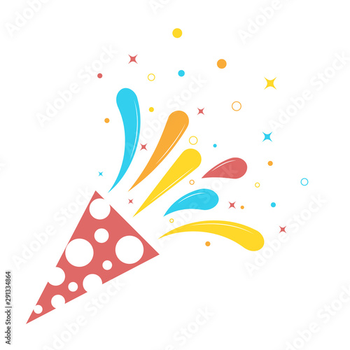 Birthday exploding party with star, ribbons, striped paper. Exploding popper with serpantin, pulling cracker isolated on white background.