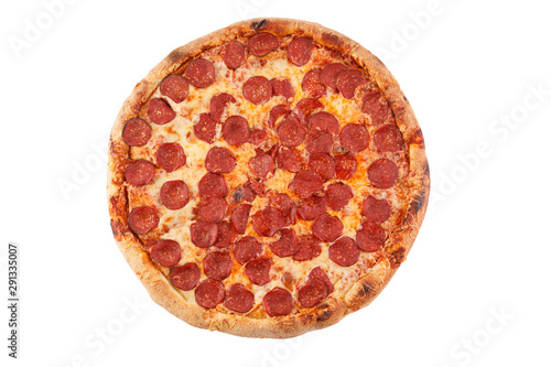 Pepperoni pizza arrangement isolated on white background. Close-up.