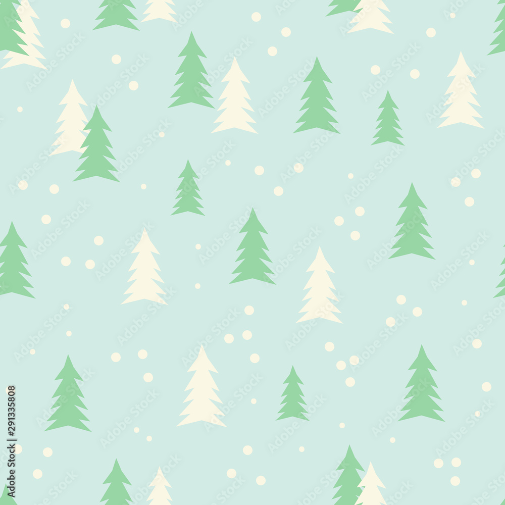 Cute winter background with Christmas trees. Mint green backdrop. Vector seamless pattern for seasonal occasion. 