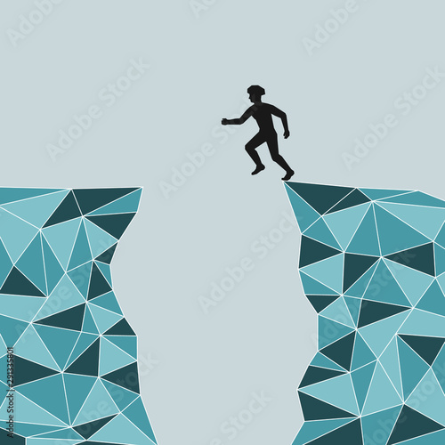 silhouette of a man who jumps over rocks. jump from mountain to mountain. Mountains in the art triangle. Safety. Vector