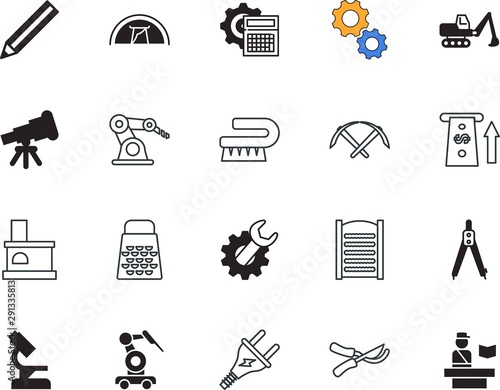 equipment vector icon set such as: mini, hot, chemistry, planetarium, computer, credit, digging, excavate, steel, gardening, find, greenery, washer, border, soil, pruner, cartoon, withdraw, merry