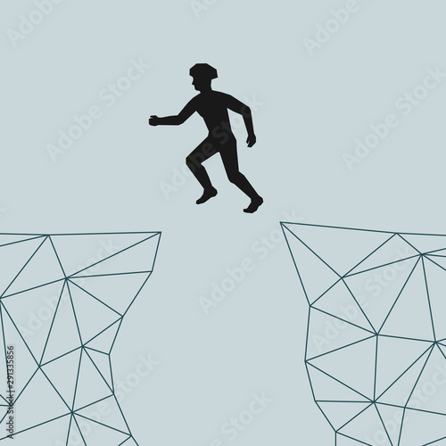 Climber jump over the precipice from rock to rock. jump from mountain to mountain. Mountains in the art triangle. Safety. Vector