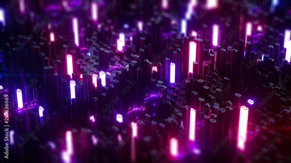 Digital technology creative background. Abstract composition, neon glowing numbers, code, big data structure, financial information concept, creative business connection. 3d rendering
