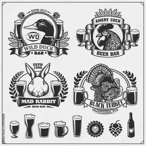 Beer set emblems with duck, rooster, rabbit and turkey. Labels, emblems, stickers and design elements for pub, beer festival and beer restaurant design.